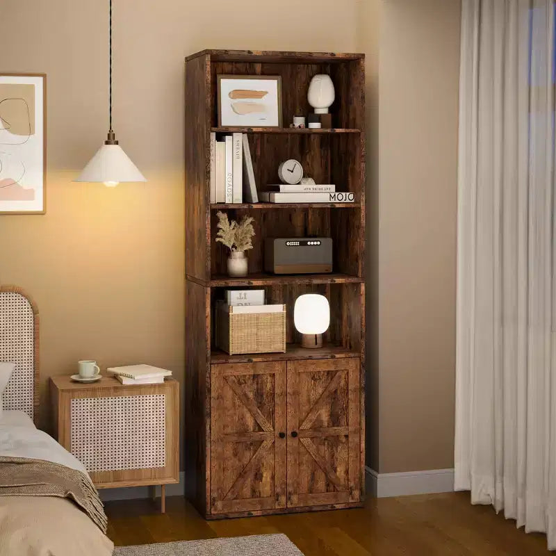 COZONY Bibliothèque 6 niveaux de 181 cm avec portes - Étagère de rangement en bois, meuble de rangement sur pied pour bureau, salon, chambre, cuisine