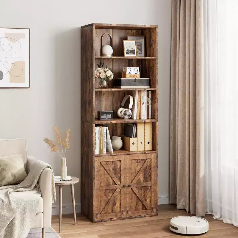 COZONY Bibliothèque 6 niveaux de 181 cm avec portes - Étagère de rangement en bois, meuble de rangement sur pied pour bureau, salon, chambre, cuisine