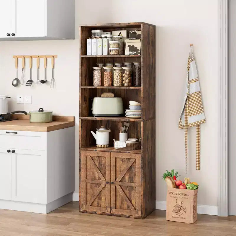 COZONY Bibliothèque 6 niveaux de 181 cm avec portes - Étagère de rangement en bois, meuble de rangement sur pied pour bureau, salon, chambre, cuisine