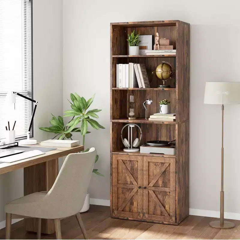 COZONY Bibliothèque 6 niveaux de 181 cm avec portes - Étagère de rangement en bois, meuble de rangement sur pied pour bureau, salon, chambre, cuisine