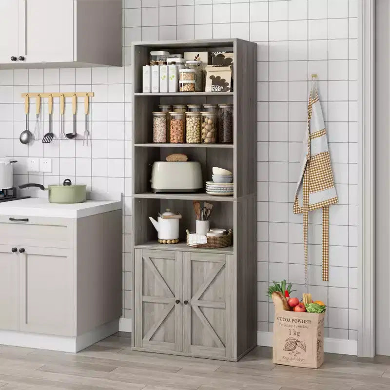 COZONY Bibliothèque 6 niveaux de 181 cm avec portes - Étagère de rangement en bois, meuble de rangement sur pied pour bureau, salon, chambre, cuisine