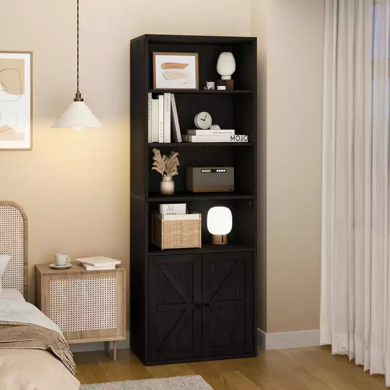 COZONY Bibliothèque 6 niveaux de 181 cm avec portes - Étagère de rangement en bois, meuble de rangement sur pied pour bureau, salon, chambre, cuisine
