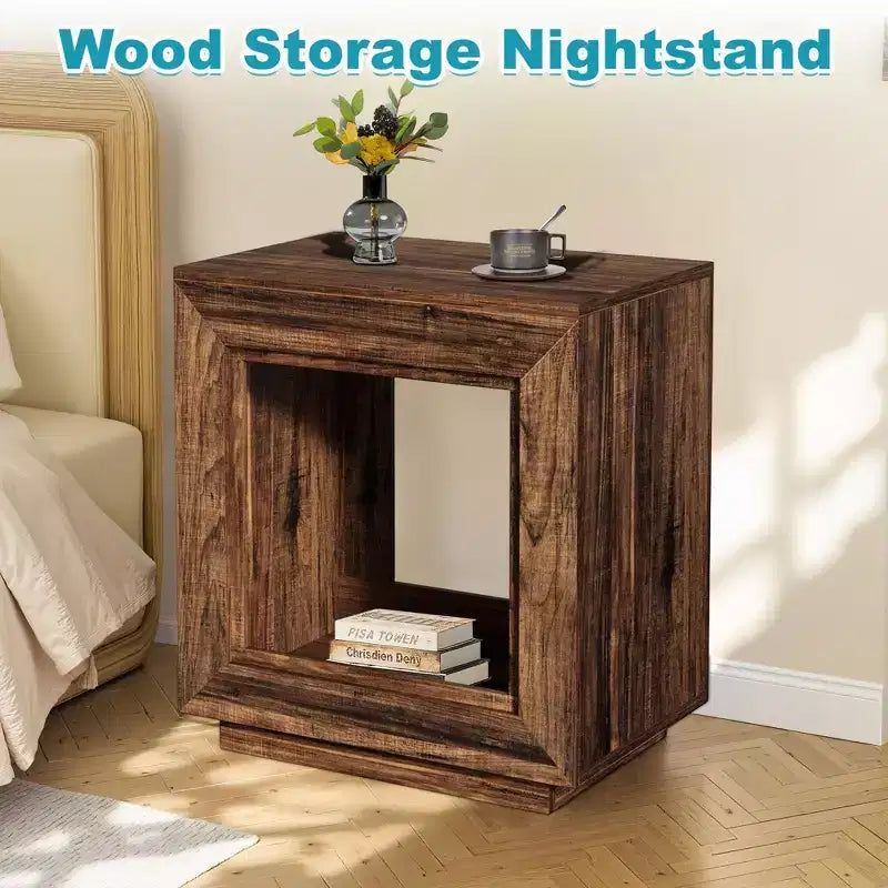 TUYOHW Rustic Walnut Finish Wood End Table,Heavy-Duty Nightstand with Ample Storage,Bedroom & Living Room Side Table