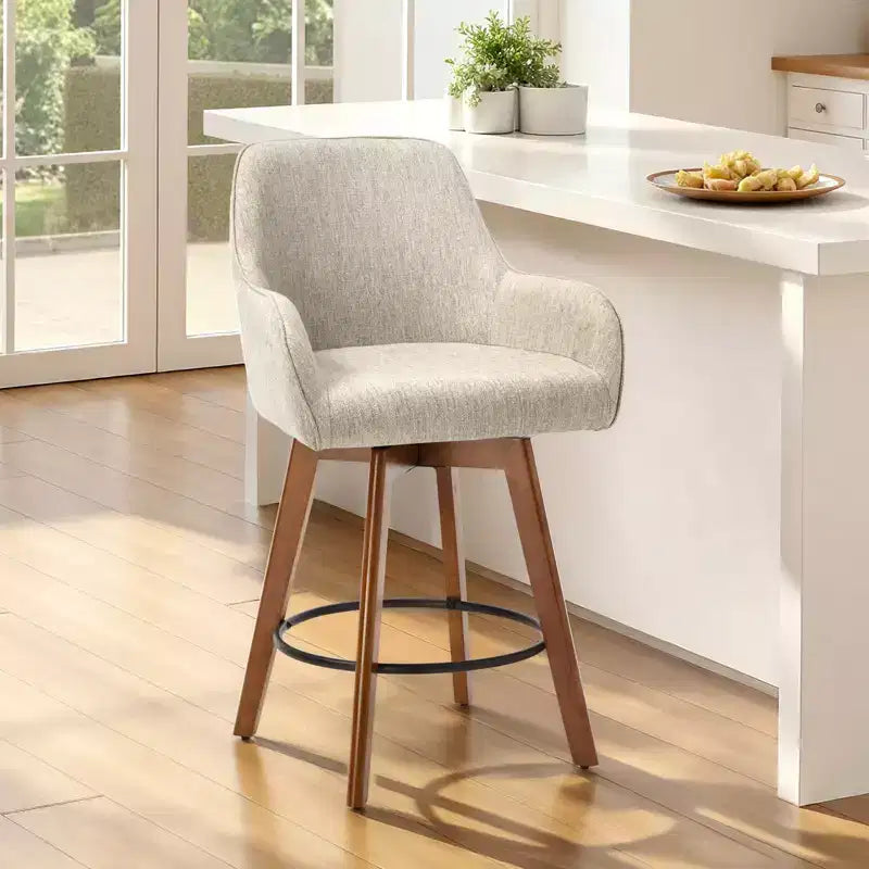 Bekrvio 25 Swivel Counter Stool Set of 1, 4.33 Upholstered Linen Seat with Back, Arms, Rubberwood Frame, Mid-Century Modern barstool, Sand