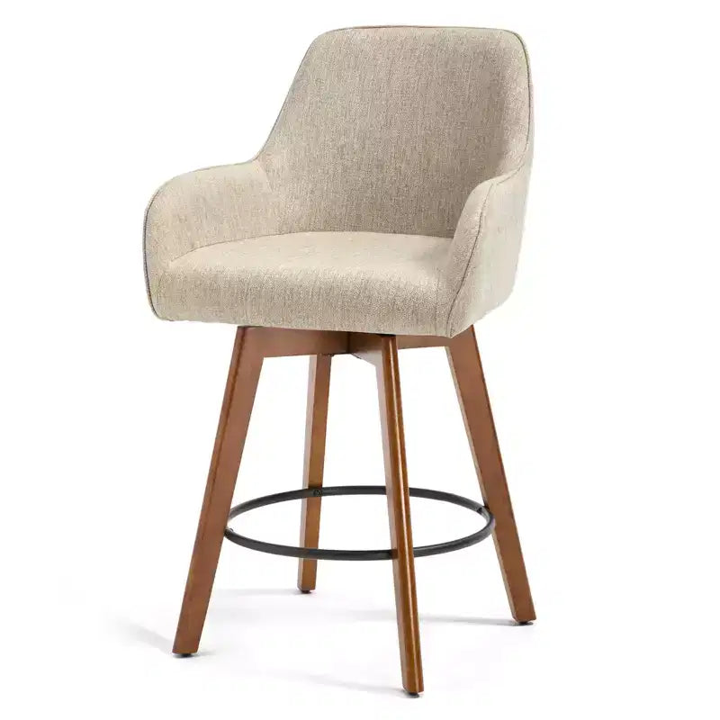 Bekrvio 25 Tabouret de comptoir pivotant, lot de 1, assise en lin rembourrée de 4,33 avec dossier, accoudoirs, cadre en bois d'hévéa, tabouret de bar moderne du milieu du siècle, sable