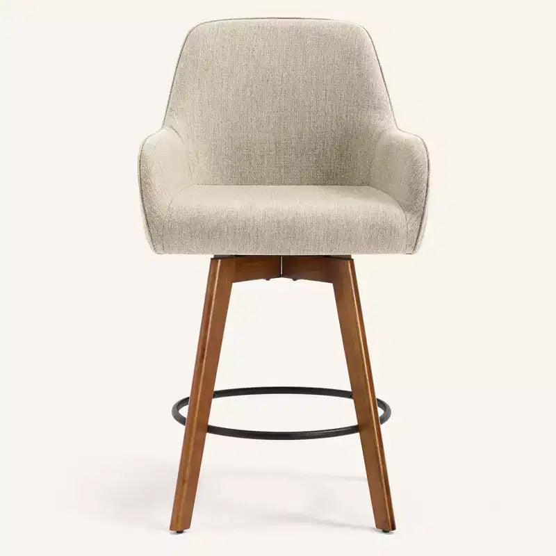Bekrvio 25 Tabouret de comptoir pivotant, lot de 1, assise en lin rembourrée de 4,33 avec dossier, accoudoirs, cadre en bois d'hévéa, tabouret de bar moderne du milieu du siècle, sable