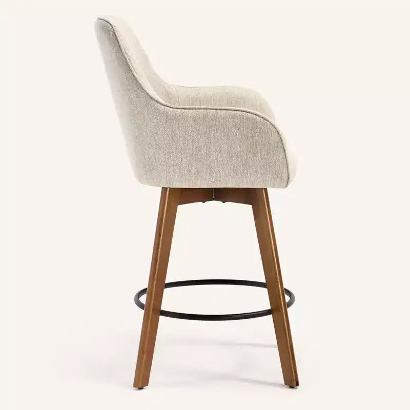 Bekrvio 25 Tabouret de comptoir pivotant, lot de 1, assise en lin rembourrée de 4,33 avec dossier, accoudoirs, cadre en bois d'hévéa, tabouret de bar moderne du milieu du siècle, sable