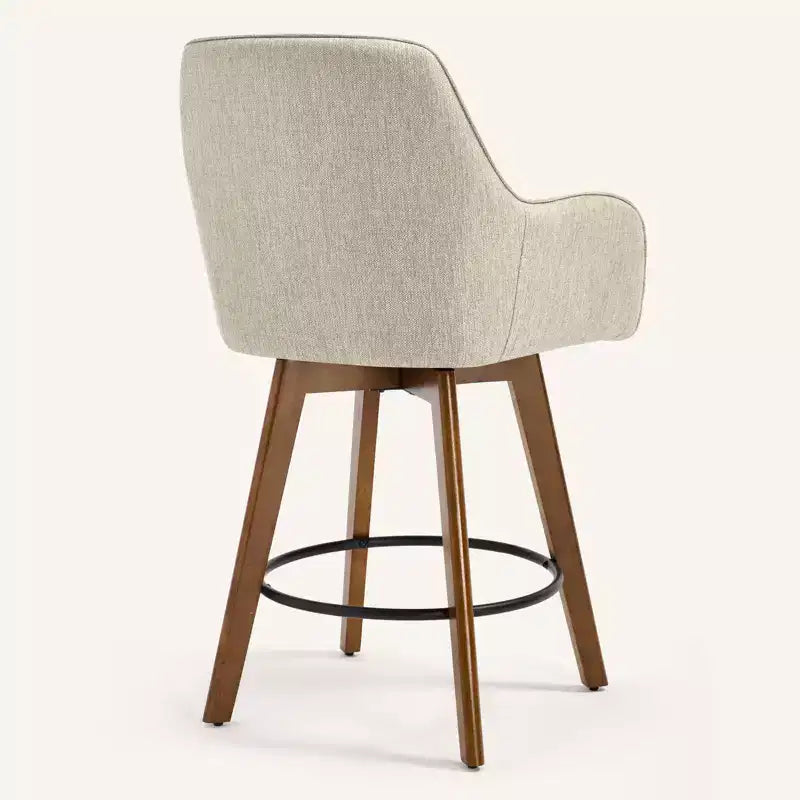 Bekrvio 25 Tabouret de comptoir pivotant, lot de 1, assise en lin rembourrée de 4,33 avec dossier, accoudoirs, cadre en bois d'hévéa, tabouret de bar moderne du milieu du siècle, sable