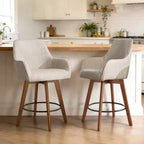 Bekrvio 25 Tabouret de comptoir pivotant, lot de 1, assise en lin rembourrée de 4,33 avec dossier, accoudoirs, cadre en bois d'hévéa, tabouret de bar moderne du milieu du siècle, sable