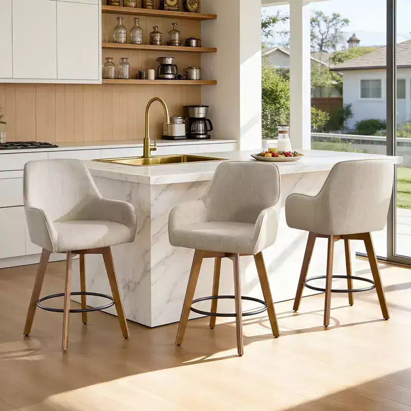 Bekrvio 25 Tabouret de comptoir pivotant, lot de 1, assise en lin rembourrée de 4,33 avec dossier, accoudoirs, cadre en bois d'hévéa, tabouret de bar moderne du milieu du siècle, sable