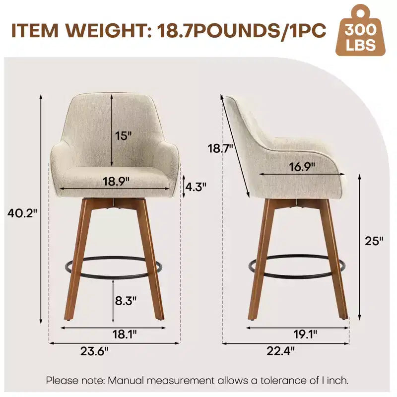 Bekrvio 25 Tabouret de comptoir pivotant, lot de 1, assise en lin rembourrée de 4,33 avec dossier, accoudoirs, cadre en bois d'hévéa, tabouret de bar moderne du milieu du siècle, sable