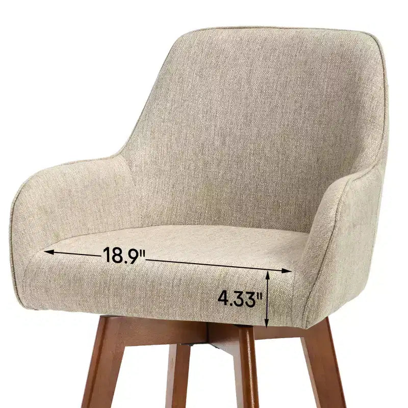 Bekrvio 25 Tabouret de comptoir pivotant, lot de 1, assise en lin rembourrée de 4,33 avec dossier, accoudoirs, cadre en bois d'hévéa, tabouret de bar moderne du milieu du siècle, sable