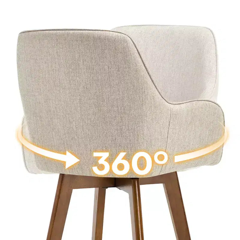 Bekrvio 25 Tabouret de comptoir pivotant, lot de 1, assise en lin rembourrée de 4,33 avec dossier, accoudoirs, cadre en bois d'hévéa, tabouret de bar moderne du milieu du siècle, sable