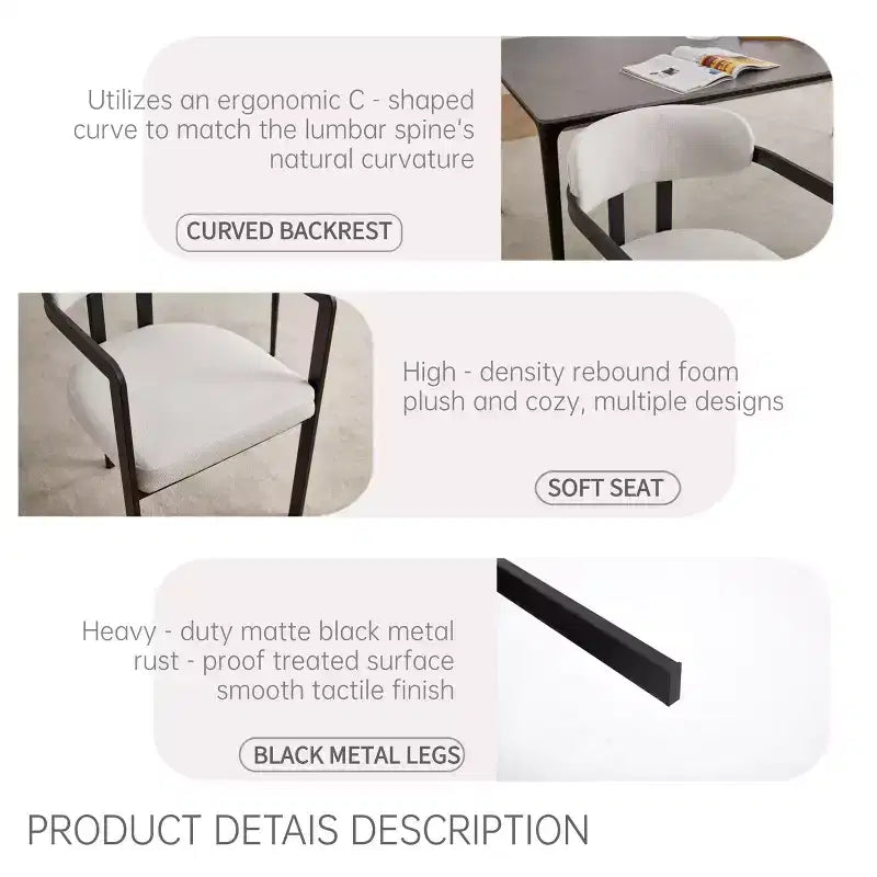 TUYOHW 2 PCS Kitchen Chairs with Matte Metal Legs,Boucle Dining Chairs with Open & Curved Backrest,Ergonomic Dining Room Chairs for Living Room