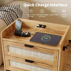 Acekool Rattan Nightstand, Farmhouse Bedside Table with Drawers and Storage Shelf, Wood End Table