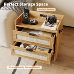 Acekool Rattan Nightstand, Farmhouse Bedside Table with Drawers and Storage Shelf, Wood End Table