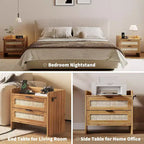 Acekool Rattan Nightstand, Farmhouse Bedside Table with Drawers and Storage Shelf, Wood End Table