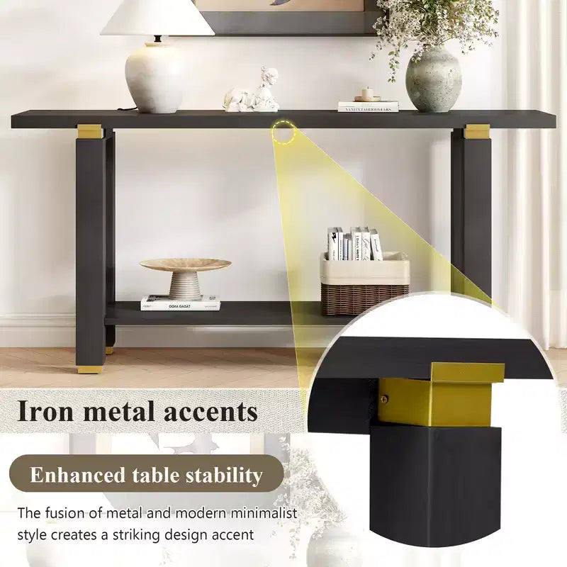 Console Table 62.9, Modern Minimalist, Solid Wood Entryway/Sofa Table with Metal Accents & Shelves for Living Room Hallway