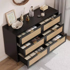 Natural Rattan 6 Drawer Dresser for Bedroom,Chest of Drawers with Gold Legs and Gold Handles,Wide Double Dresser with Large Tabletop and Anti-Tipping