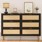 Natural Rattan 6 Drawer Dresser for Bedroom,Chest of Drawers with Gold Legs and Gold Handles,Wide Double Dresser with Large Tabletop and Anti-Tipping