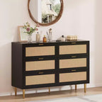 Natural Rattan 6 Drawer Dresser for Bedroom,Chest of Drawers with Gold Legs and Gold Handles,Wide Double Dresser with Large Tabletop and Anti-Tipping
