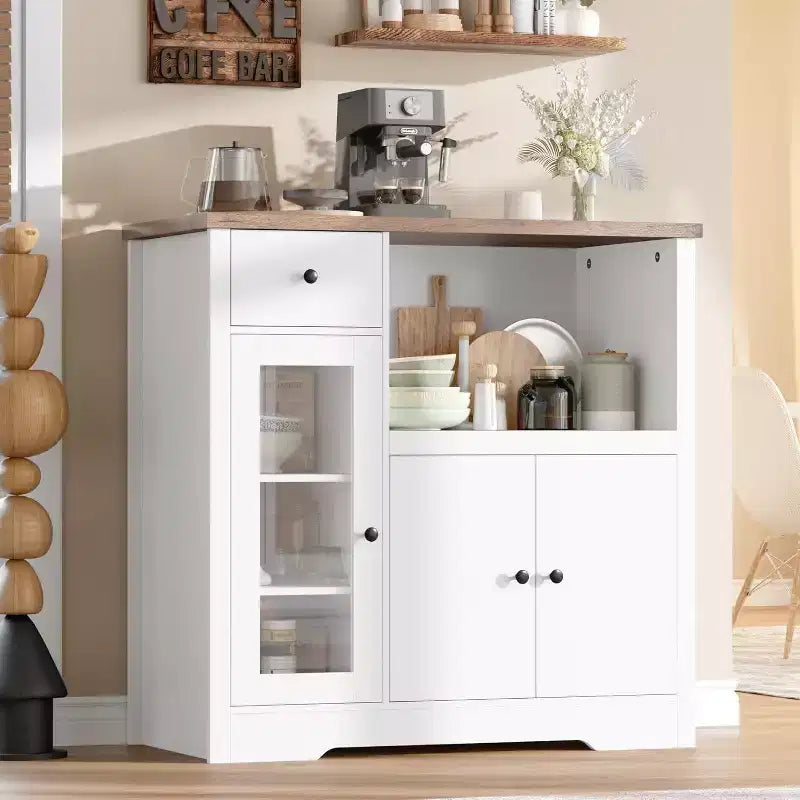 Storage Cabinet with Adjustable Shelves & Microwave Stand, Buffet Sideboard with Drawer, Single and Double Doors for Kitchen, Dining Room