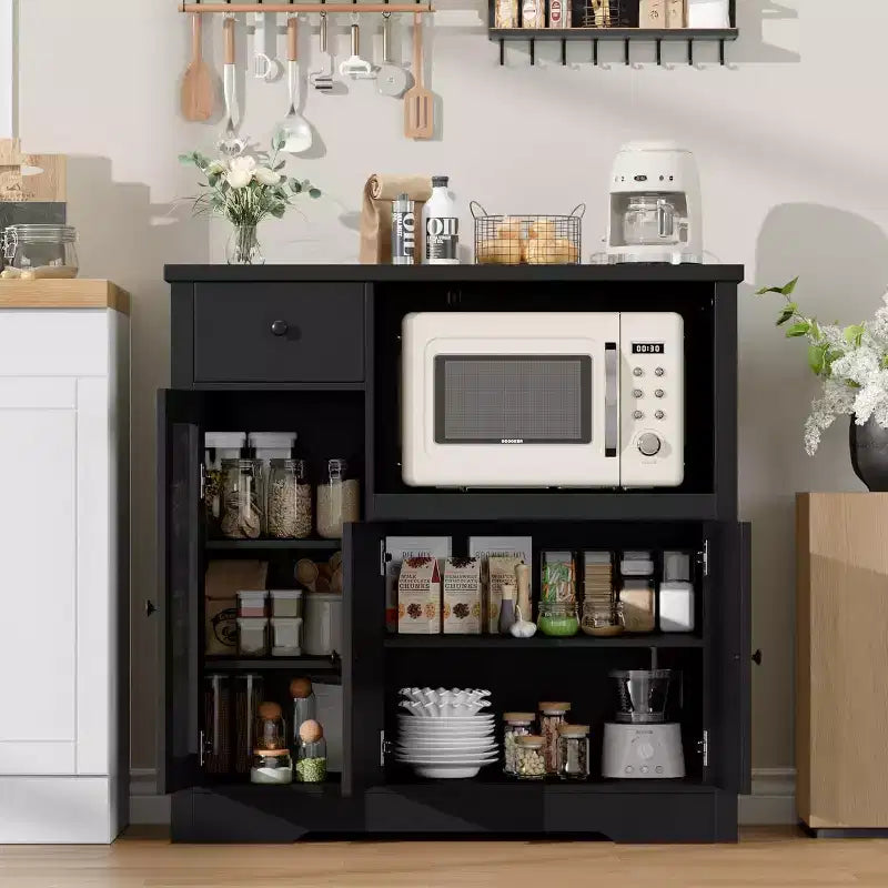 Storage Cabinet with Adjustable Shelves & Microwave Stand, Buffet Sideboard with Drawer, Single and Double Doors for Kitchen, Dining Room