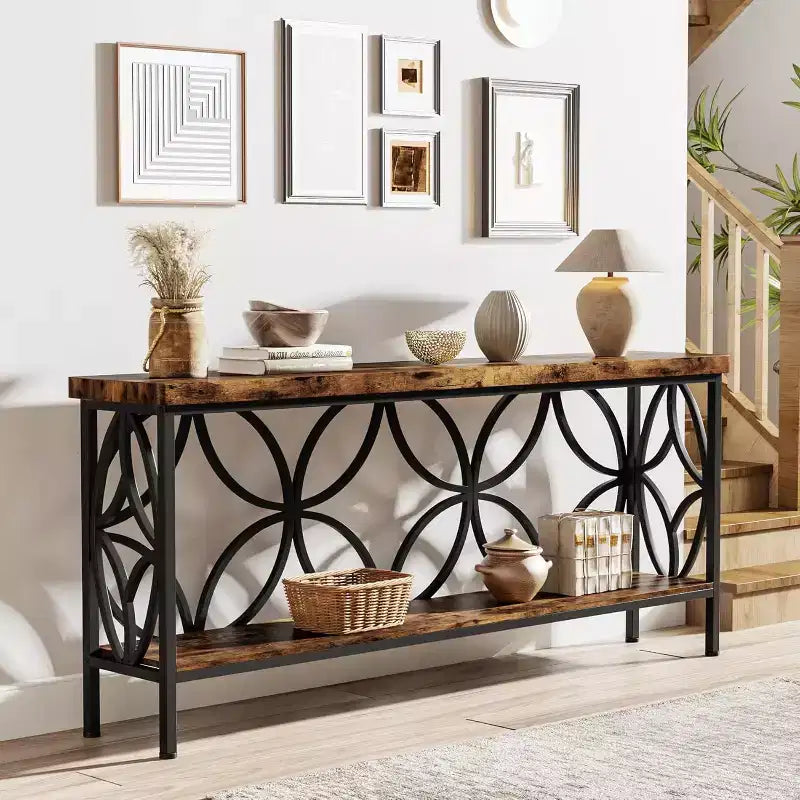 Lantine 70.9-Inch Narrow Sofa Table, Industrial Long Sofa Table Behind Couch with Storage for Entryway, Living Room, Foyer, Rustic Brown