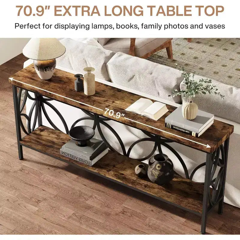 Lantine 70.9-Inch Narrow Sofa Table, Industrial Long Sofa Table Behind Couch with Storage for Entryway, Living Room, Foyer, Rustic Brown