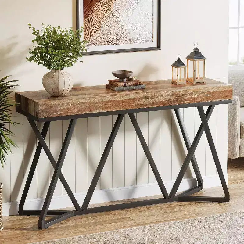 Lantine 55 Console Tables for Entryway, Industrial Wooden Sofa Table, Entryway Furniture with Geometric Metal Base for Living Room, Entrance, Hallway