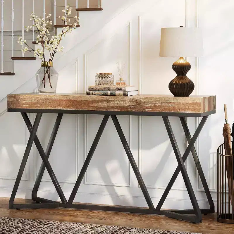 Lantine 55 Consoles pour entrée, Table canapé industrielle en bois, Meuble d'entrée avec base métallique géométrique pour salon, entrée, couloir