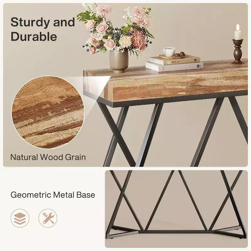 Lantine 55 Consoles pour entrée, Table canapé industrielle en bois, Meuble d'entrée avec base métallique géométrique pour salon, entrée, couloir
