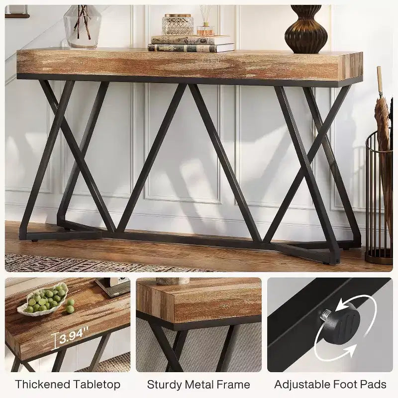 Lantine 55 Consoles pour entrée, Table canapé industrielle en bois, Meuble d'entrée avec base métallique géométrique pour salon, entrée, couloir