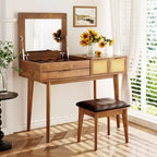 GDFStudio Vita Classic Wood Flip-Top Makeup Vanity Set with Hidden Mirror, 3 Storage Drawers and Cushioned Stool