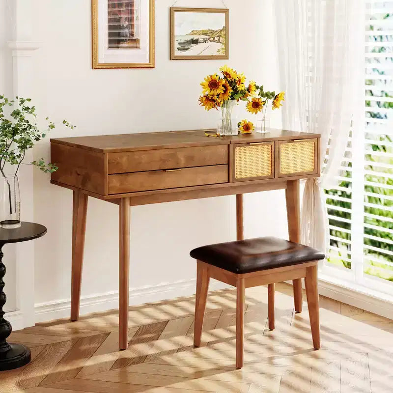 GDFStudio Vita Classic Wood Flip-Top Makeup Vanity Set with Hidden Mirror, 3 Storage Drawers and Cushioned Stool