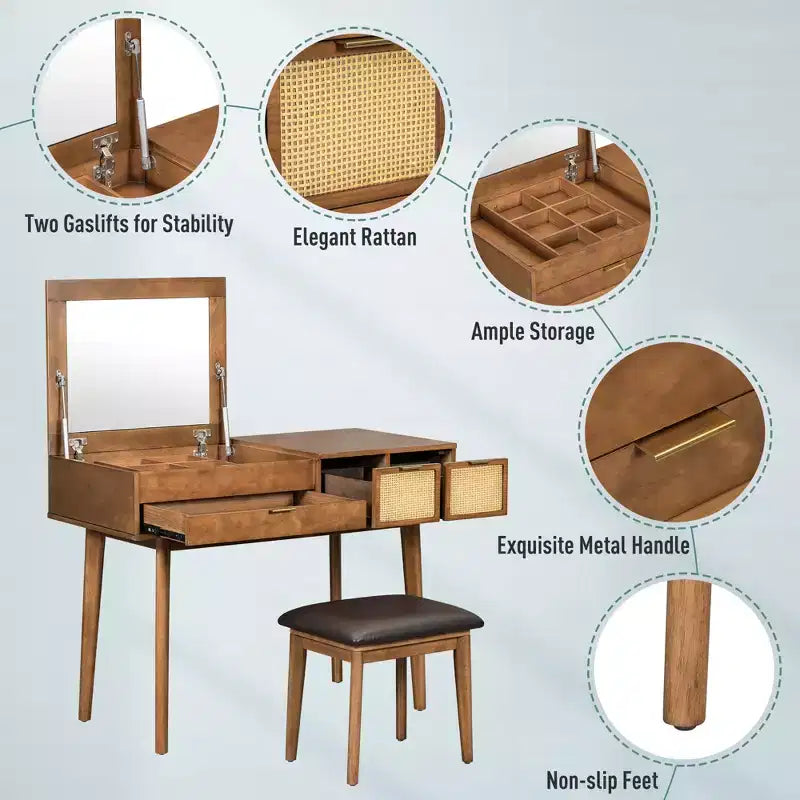 GDFStudio Vita Classic Wood Flip-Top Makeup Vanity Set with Hidden Mirror, 3 Storage Drawers and Cushioned Stool