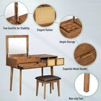 GDFStudio Vita Classic Wood Flip-Top Makeup Vanity Set with Hidden Mirror, 3 Storage Drawers and Cushioned Stool