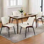 Four-person dining chair set, with leather seat cushion, walnut backrest and metal legs. Suitable for kitchen and dining room. White stripes.