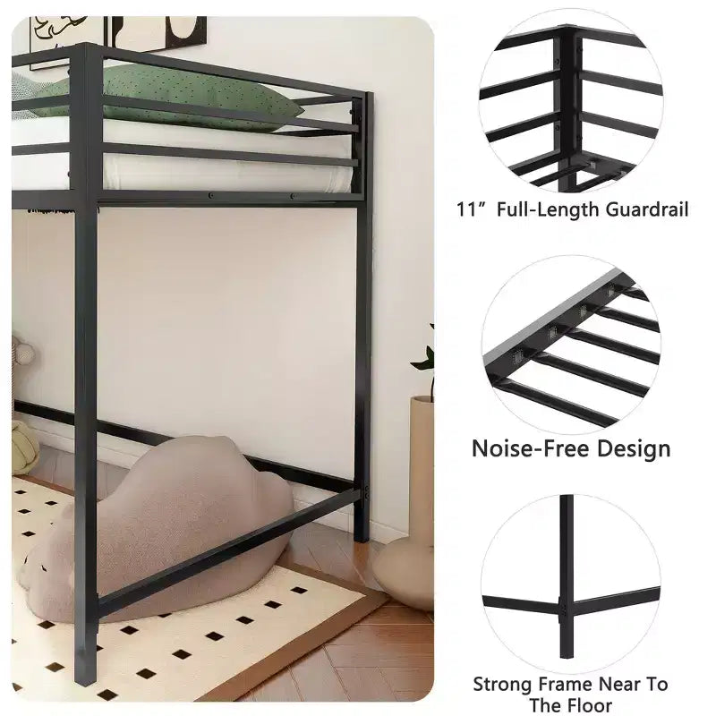Lit mezzanine junior en métal noir VIYET taille double – Gain de place, échelle, garde-corps, capacité de 158 kg (certifié CPC)