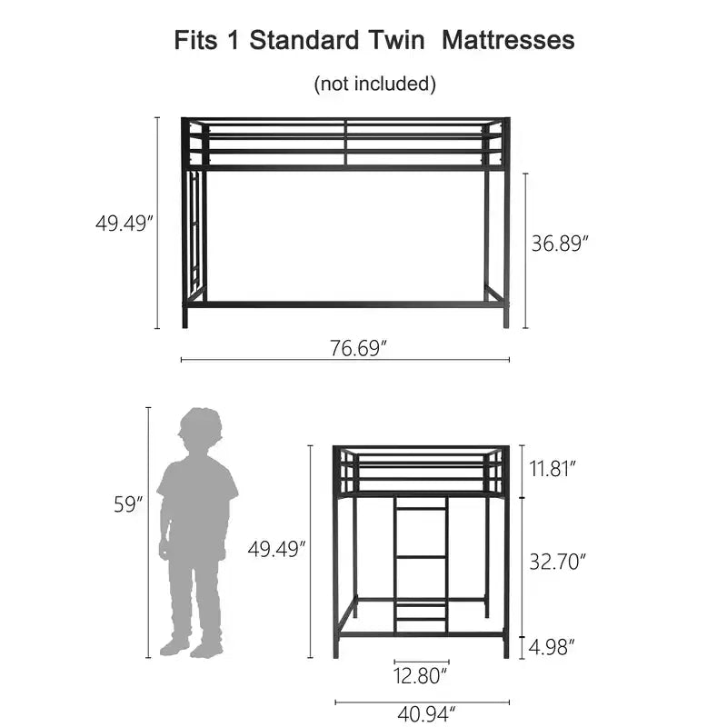 Lit mezzanine junior en métal noir VIYET taille double – Gain de place, échelle, garde-corps, capacité de 158 kg (certifié CPC)