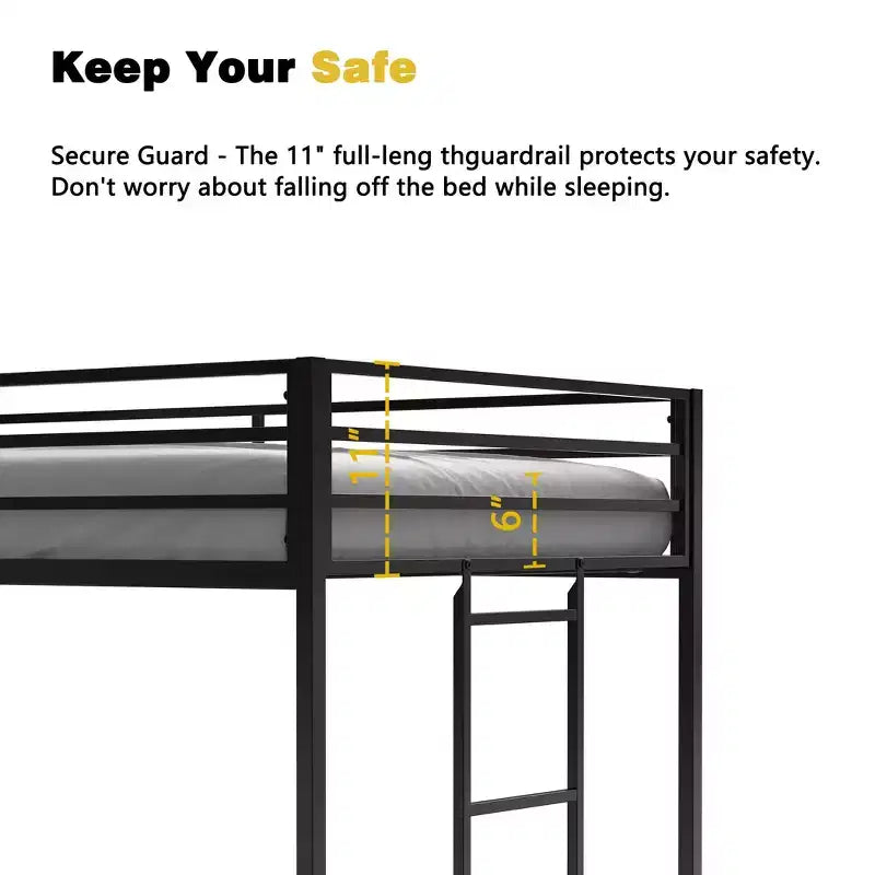 Lit mezzanine junior en métal noir VIYET taille double – Gain de place, échelle, garde-corps, capacité de 158 kg (certifié CPC)