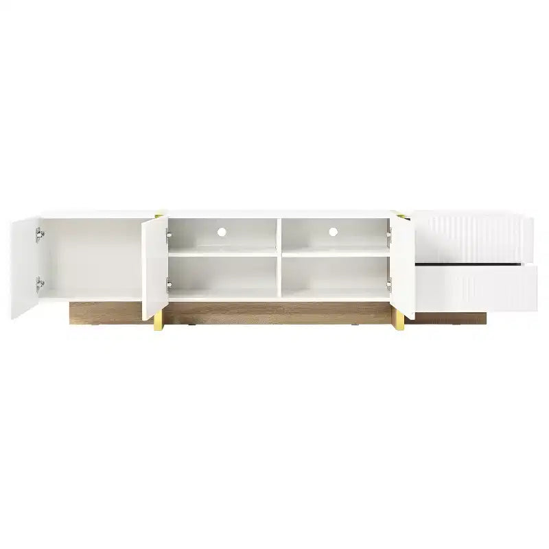 VIYET 74Luxury Fluted TV Stand for 80 TVs, White Media Console w/ Storage Cabinets/Drawers & Golden Wood Grain Legs