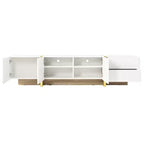 VIYET 74Luxury Fluted TV Stand for 80 TVs, White Media Console w/ Storage Cabinets/Drawers & Golden Wood Grain Legs