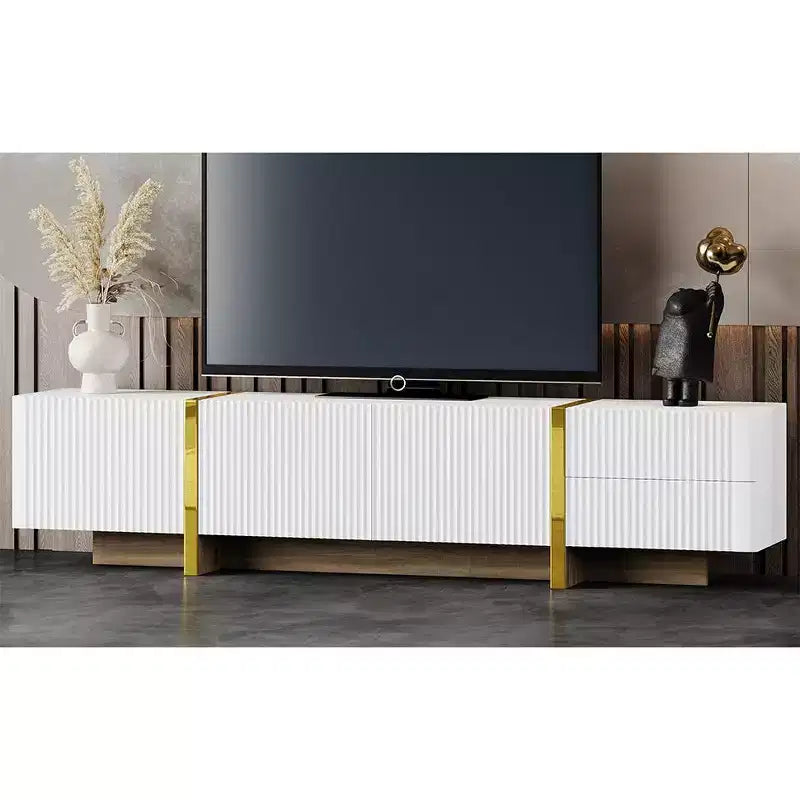 VIYET 74Luxury Fluted TV Stand for 80 TVs, White Media Console w/ Storage Cabinets/Drawers & Golden Wood Grain Legs