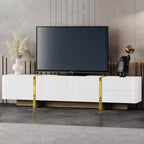 VIYET 74Luxury Fluted TV Stand for 80 TVs, White Media Console w/ Storage Cabinets/Drawers & Golden Wood Grain Legs