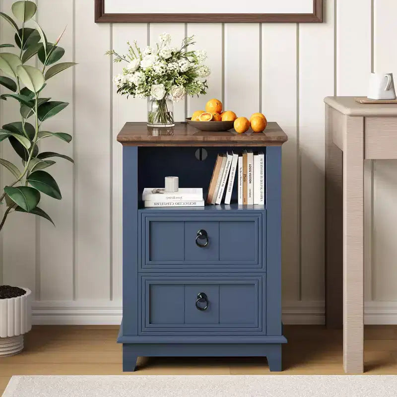 Table de chevet cannelée en bois à 18 pans, table de nuit moderne à 2 tiroirs avec station de charge et étagère, table d'appoint bleue pour chambre à coucher, bureau, dortoir