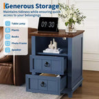 18 Fluted Wood Nightstand,Modern 2-Drawer Bedside Table with Charging Station & Shelf, Blue End Table for Bedroom, Office, Dorm