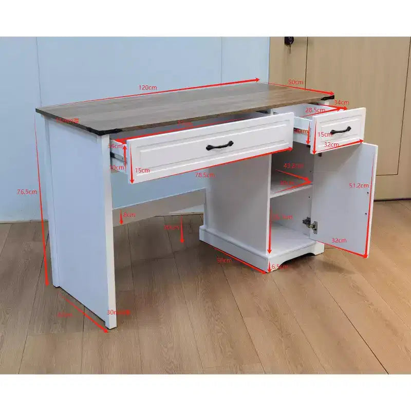 Bureau d'ordinateur blanc de 119 cm avec 2 tiroirs et armoire, table d'étude rectangulaire pour bureau à domicile, grande station de travail avec rangement