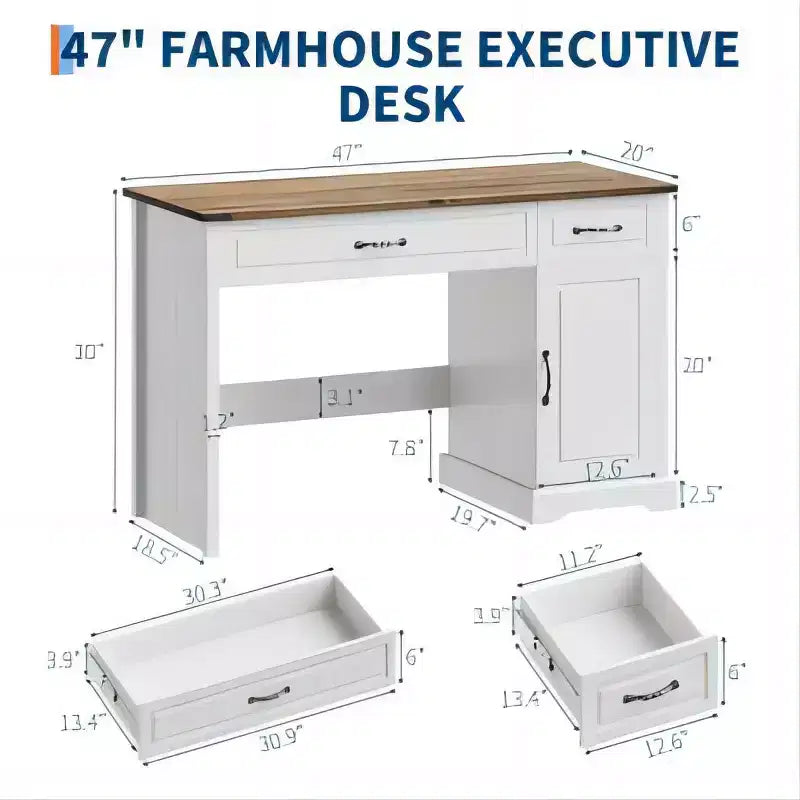 Bureau d'ordinateur blanc de 119 cm avec 2 tiroirs et armoire, table d'étude rectangulaire pour bureau à domicile, grande station de travail avec rangement