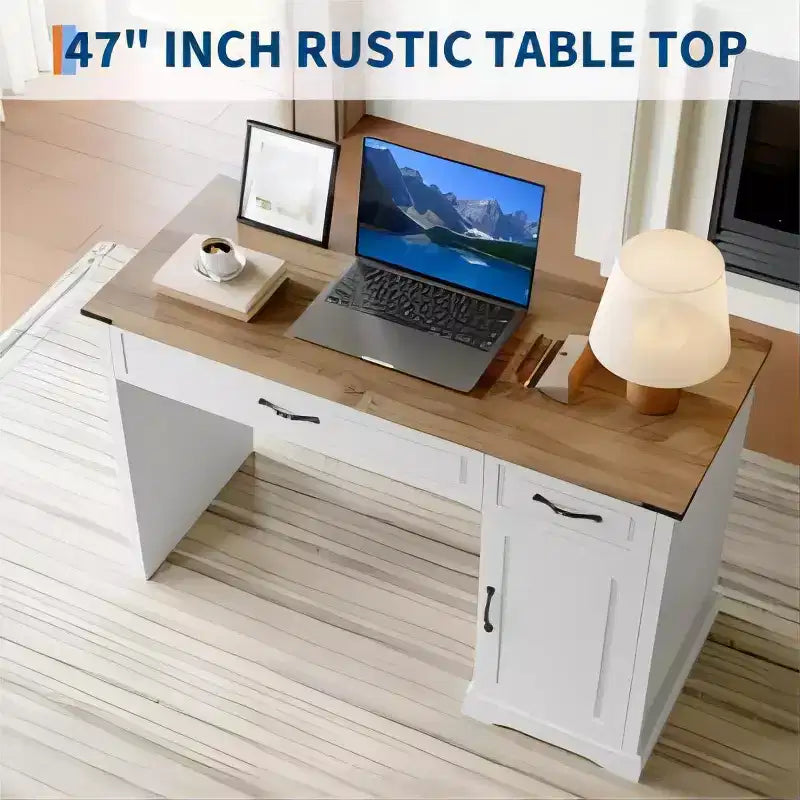 Bureau d'ordinateur blanc de 119 cm avec 2 tiroirs et armoire, table d'étude rectangulaire pour bureau à domicile, grande station de travail avec rangement